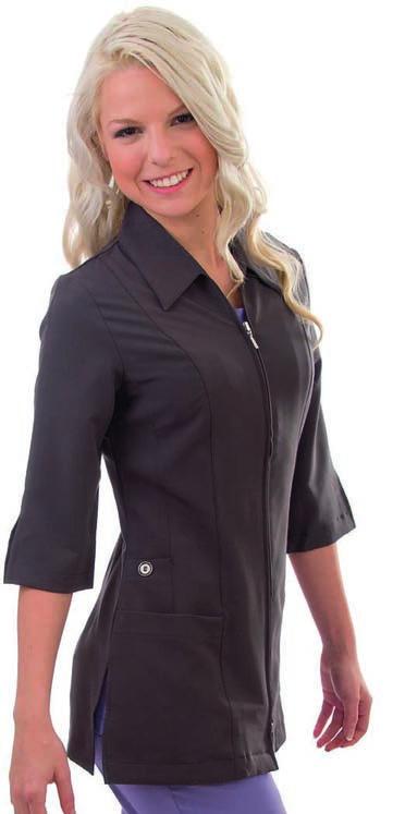 Jacket Style #835 Excel Accuflex Fitted collar with 3/4 sleeves, 4 pockets Double princess seams Decorative button, side slits, and rear darts Hem falls at hip Double zip enclosure Excel Accuflex