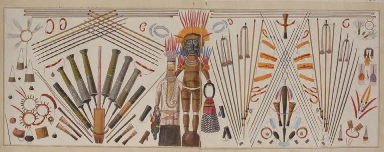 Fig. 10 Case 5 of the Imperial-Royal Ethnographic Museum prominently displayed two Ticuna mask costumes, flanked by trumpets and other objects from the Baniva and from the Uaupés region.