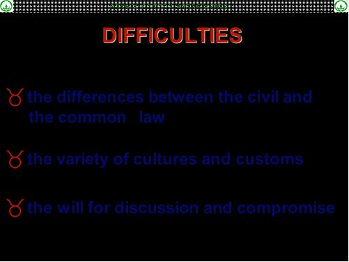 Particularly difficult are the legal aspects mentioned above following from the differences between the civil law based on the Napoleon's Code prevailing on the European continent and the law based