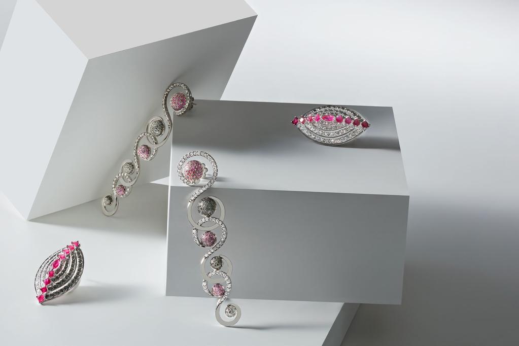 WISHFUL IN WHITE EARRINGS TOP WHITE DIAMONDS WITH RUBY AND BLACK DIAMOND PAVÉ DOMES IN 18K WHITE GOLD.