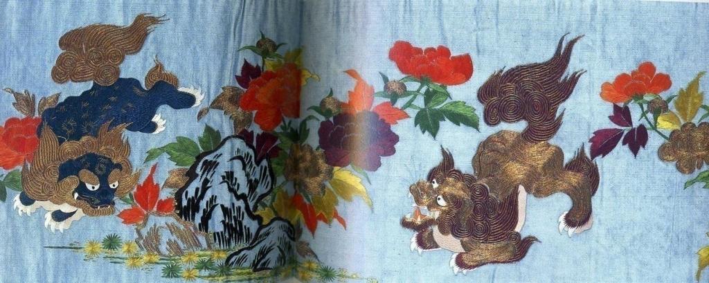 Toomey 20 Obi with Lions and Peonis Early Nineteenth Centry Silk nineteenth centry silk and metallic thread embroidery on light blue silk satin (shusu) 11 5/8 x150 7/8 (29.5 x 383.