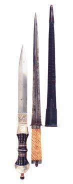 290 291 290 A BONE-HILTED DAGGER, EARLY 19TH CENTURY with hollow-triangular blade cut-down from a small-sword, retaining etched and gilt decoration including the figure of Justice, and spirally