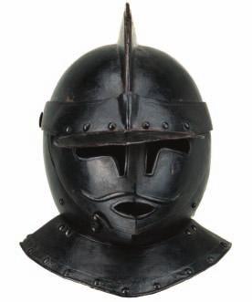 360 360 A GERMAN TODENKOPF HELMET, CIRCA 1620 with rounded two-piece skull joined at a high medial comb, pierced towards its rear end with a small transverse hole flanged outwards over the neck to