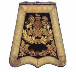 388 A VICTORIAN SABRETACHE OF THE ROYAL ARTILLERY with black leather pouch, blue facing applied with bullion border, the crowned Royal Arms and the Regimental motto (stitching with losses, areas of