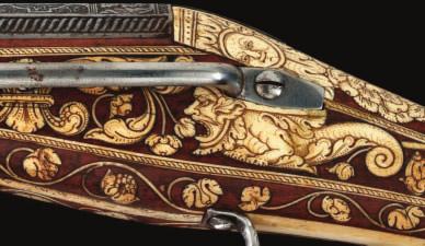 432 432 AN EXCEPTIONAL GERMAN LONG WHEEL-LOCK BELT PISTOL DATED 1559 with slender barrel formed in two stages, slightly swamped at the muzzle, decorated over its entire surface with two etched panels