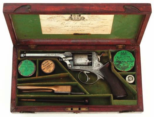 459 459 A 54 BORE TRANTER PATENT FIVE-SHOT DOUBLE- ACTION PERCUSSION REVOLVER, RETAILED BY GARDEN & SON, 200 PICADILLY, LONDON, NO 7157T, CIRCA 1860 with octagonal sighted 6in barrel, engraved with a