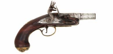 91 92 91 A FLINTLOCK TURN-OFF PISTOL BY TAYLOR, BIRMINGHAM PROOF MARKS, CIRCA 1765 with cannon barrel, engraved breech, signed borderengraved lock, walnut half-stock inlaid with silver wire about the