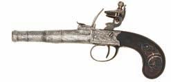 5cm; 7N in 200-300 97 A FLINTLOCK BOX-LOCK POCKET PISTOL SIGNED NOCK, LONDON, BIRMINGHAM PRIVATE PROOF MARKS, CIRCA 1790 with turn-off barrel, signed action engraved with bands of