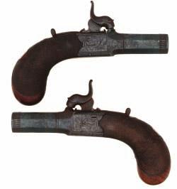 127 A PERCUSSION TURN-OVER MUFF PISTOL BY JOSEPH LANG, 7 HAYMARKET, LONDON, CIRCA 1850 with turn-off barrels, the breech inscribed Patent and London, finely engraved lock signed within an oval, three