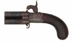 144 AN IRISH PERCUSSION TURNOVER PISTOL BY KAVANAGH, 11 DAME ST, DUBLIN, CIRCA 1840 with turn-off barrels numbered 3 and 4, engraved breeches, signed rounded box-lock action engraved with scrolling