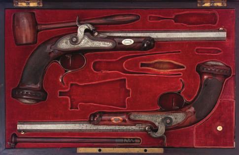 156 156 A PAIR OF CONTINENTAL PERCUSSION RIFLED TARGET PISTOLS SIGNED RENNETTE A PARIS, CIRCA 1840 each with octagonal etched twist barrel signed in gold and fitted with German silver fore-sight,