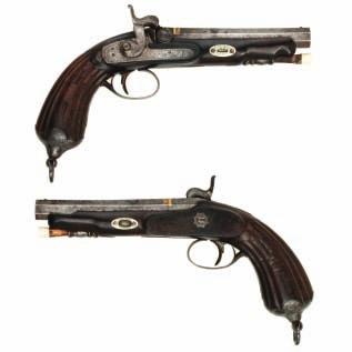 169 169 A PAIR OF SPANISH PERCUSSION OFFICERS PISTOLS BY YBARZABAL, EIBAR, CIRCA 1830-40 each with swamped octagonal sighted barrel, struck with the gold-lined mark of Gabriel Benito Ybarzabal (Neue
