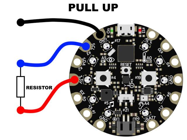 Pull It Up Let's start with a pull up resistor. To do so, we will take the 10k ohm resistor and attach it as shown below.