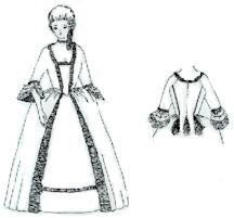 Levite and round gown styles, all in this one pattern. Worn from 1770's to 1780's.