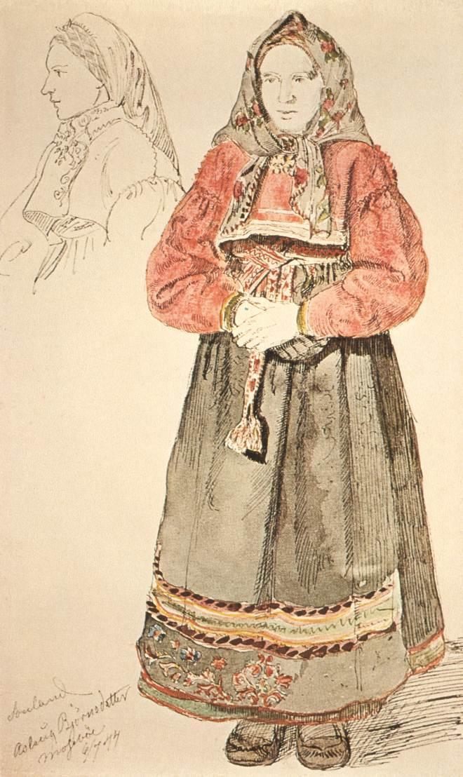 The skirt is of black and blue wool (fig. 4). The oldest type was pleated, though none of these have been kept. The material is rubbed and sewn onto a waistband.