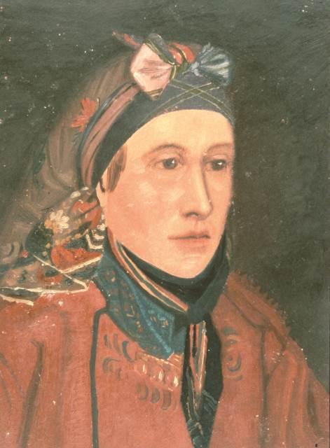 Fig. 11: Kristi Aanundsdotter, Sauar, Sauherad. Born about 1802. Red jacket dress. Headdress: two coloured silk scarves. One is tied at the back, the other on top of the head.