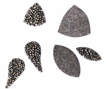 Small paisley (pair), Fine Rock #ESFR302 or Fabric #ESCF302, 1.75 x 3/4 D. Large pear, Fine Rock #ESFR013 or Fabric #ESCF013, 1.5 x 1 E. Small trilliant, Rock #ESCR001, 1 x 3/4 F.