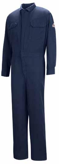 deluxe coveralls One piece, top stitiched, lay-flat collar. Two-way, concealed, Nomex taped, brass break-away zipper with concealed snap at top of zipper and at neck. Concealed snap closure on cuff.
