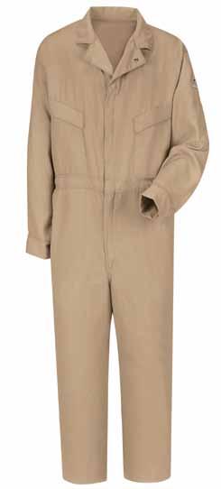deluxe coveralls One piece, top stitiched, lay-flat collar. Two-way, concealed, Nomex taped, brass break-away zipper with concealed snap at top of zipper and at neck. Concealed snap closure on cuff.