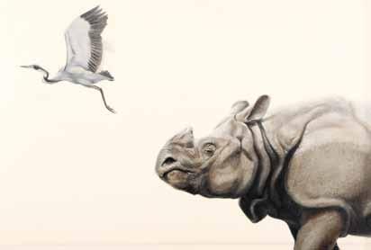 (British born 1943) ARR Framed oil on canvas, signed Young Rhino and Heron 64cm x
