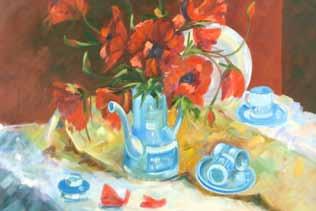 teaware and a vase of red Poppies 58cm x 78cm 400-600