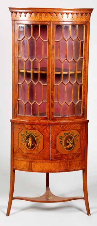 151cm wide 682 Edwardian mahogany bow fronted corner display cabinet, twin glazed doors over a pair of