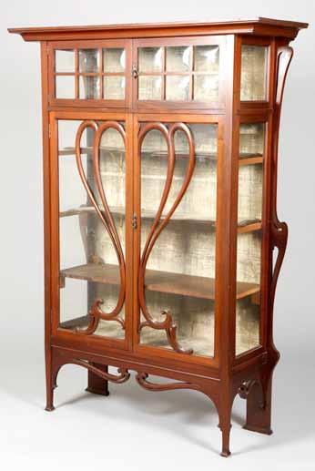 681-760 Furniture 143 695 Art Nouveau mahogany display cabinet, plain cornice over a pair of short glazed doors each