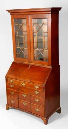148cm wide 159cm high 180-240 (+ 21% BP*) 704 Edwardian inlaid mahogany bureau bookcase, plane cornice over twin astragal glass doors with