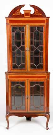 102cm long 54cm wide 210cm high 300-500 (+ 21% BP*) 705 Edwardian inlaid mahogany corner display cabinet, broken pediment, simulated dentil