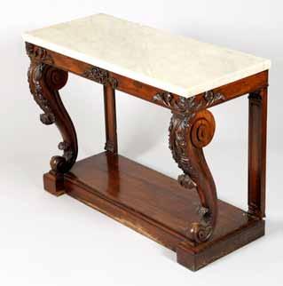 76cm wide 210cm high 706 Victorian marble topped rosewood console table, rectangular top supported on two scroll supports with carved