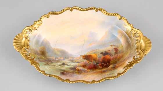 20cm diameter 57 Royal Worcester cake plate, hand painted Highland Cows in an