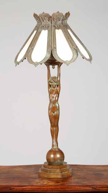 38cm high 720 Art Deco bronzed figure table lamp and shade, nude maiden standing on a ball, with her
