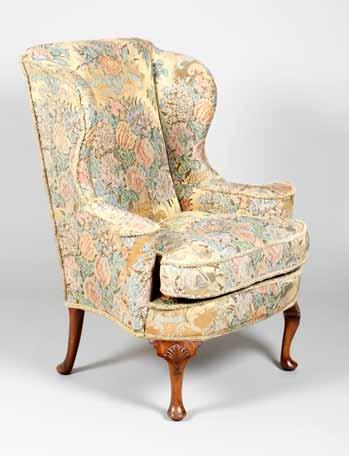 681-760 Furniture 155 750 19th Century winged backed arm chair, floral upholstery, walnut legs with scallop shell knees and pad feet 100-150 (+ 21% BP*) 751 Bronze Mother and