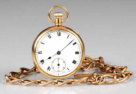 gold gents pocket watch, white enamel dial, Roman numerals, seconds subsidiary dial, total
