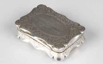 159-247 Silver 31 Lot 166 Lot 167 Lot 169 Lot 171 Lot 172 166 Victorian silver snuff box, hinged cover with presentation inscription dated 1892, chased foliate decoration.