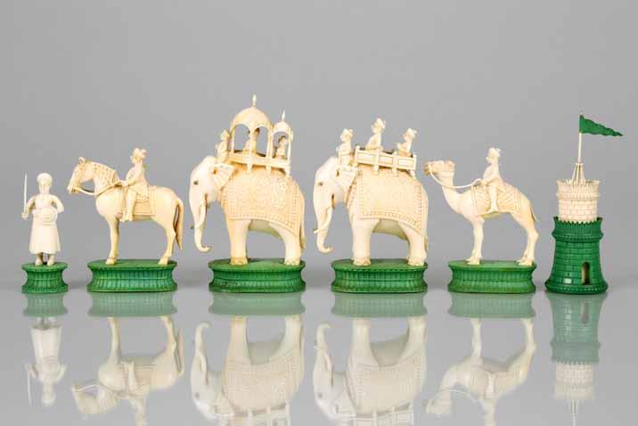 50 Ivory 277-278 Thomas R Callan Ltd Lot 277 277 19th Century carved ivory East India Company chess set circ 1830s Kings and Queens are depicted as elephants with Royal Howdams, Bishops