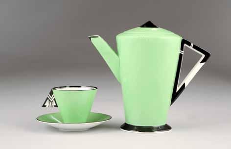 set, conical form finished in apple green with black circular feet and black and white triangular handles, coffee pot and cover, six