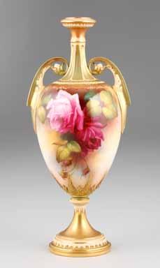 Date coded 1909 Lot 1 1 Pair Royal Worcester vases, baluster form with flared rims, hand painted with roses, signed