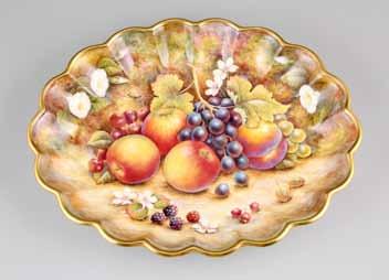 27cm diameter 322 David Fuller scallop rimmed bowl, hand painted fruit in naturalistic background, signed, David