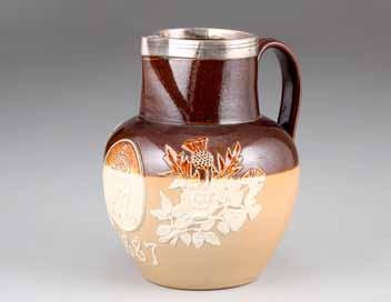 37cm long 30cm wide 120-180 (+ 21% BP*) 323 Doulton Lambeth Stoneware pottery commemorative ewer, silver lipped
