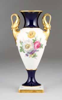 30cm diameter 334 German fine porcelain vase, baluster form with twin gilt swan handles, decorated in cobalt