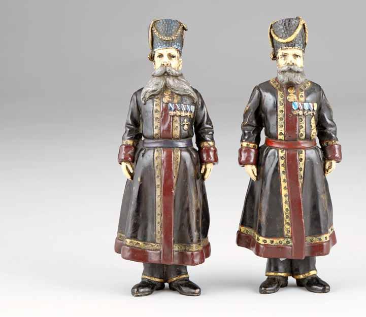 363-372 Bronze 67 366 Pair cold painted bronze figures, inscribed Faberge and dated 1912 modelled as AA Kudinov and NN Pustynnikov the personal Kamer-Kazak body guards of Dowager Empress Maria