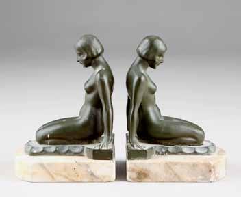 68 Bronze 363-372 Thomas R Callan Ltd Lot 368 Lot 369 368 Pair Art Nouveau bookends, kneeling nude maidens, green patinated Spelter on marble plinths.