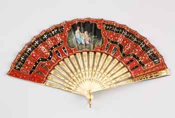folding fan, sixteen ivory sticks, two ivory guard sticks, continuous courting scene on paper