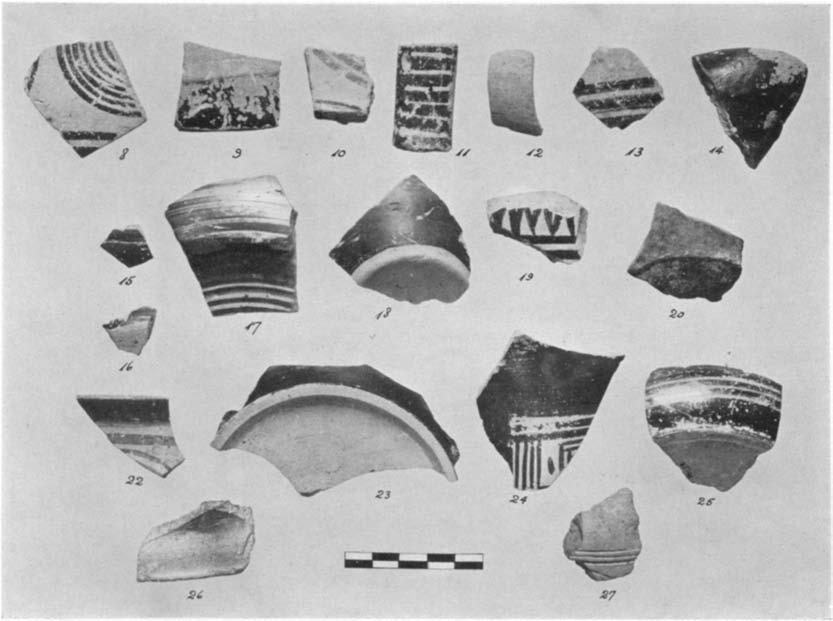 A GEOMETRIC HOUSE AND A PROTO-ATTIC VOTIVE DEPOSIT 555 A. Selected sherds from within or under the house-floor 8-20. (P 1605-1617) Figs. 12-13 Fragments of vases of various shapes; Nos.