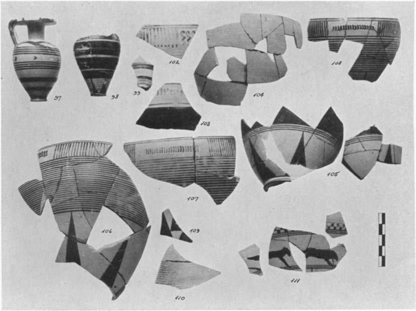 A GEOMETRIC HOUSE AND A PROTO-ATTIC VOTIVE DEPOSIT 567 is generally considered early. The style of the latter is pre-dipylon and would usually be dated about the beginning of the eighth century.