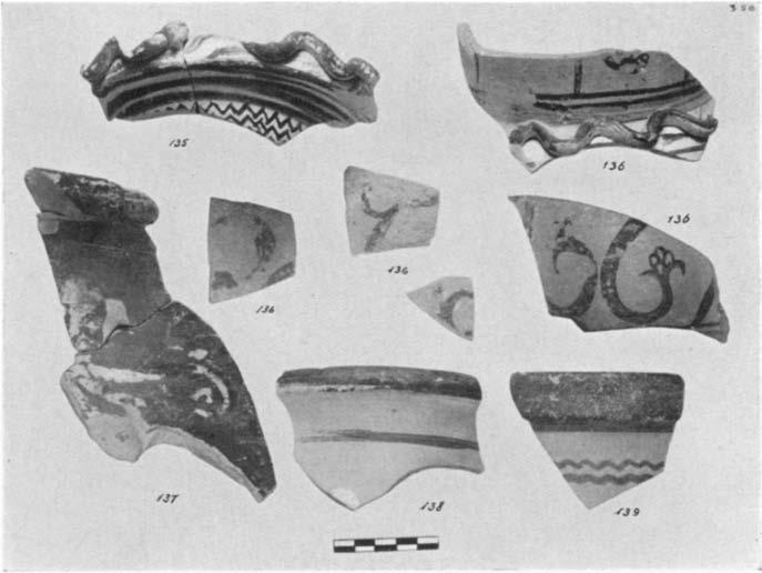 A GEOMETRIC HOUSE AND A PROTO-ATTIC VOTIVE DEPOSIT 575 135. (P 1710) Figs. 33-34 Rim fiagment decorated with a snake in relief covered with white dots; zigzags on the neck below. From Area A-C. H. 0.