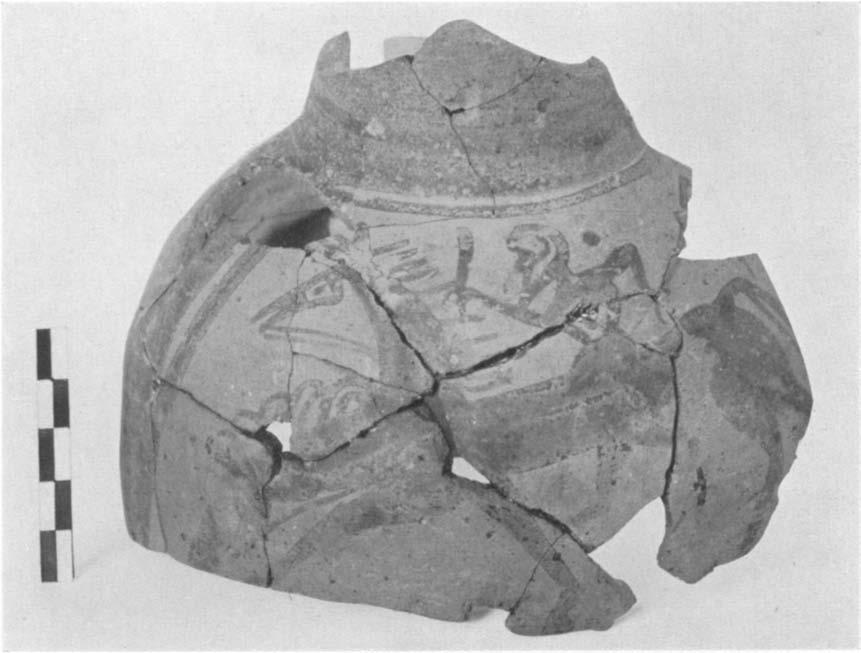 212. (P 17 0) Fig. 50 A GEOMETRIC HOUSE AND A PROTO-ATTIC VOTIVE DEPOSIT 593 Similar handle and bits of the body glazed solid with one wlhite line aroulnd the neck and two below the h1aindle.