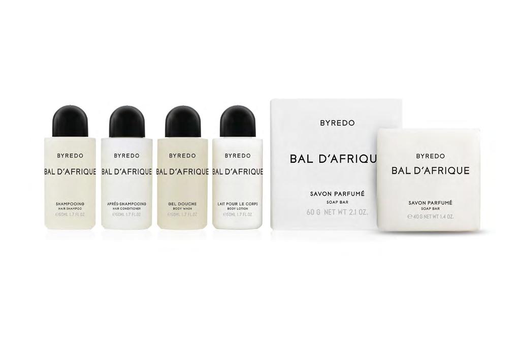 BYREDO s minimalist design infused with their popular Bal d Afrique scent brings vibrancy and excitement to the hotel bathing experience.