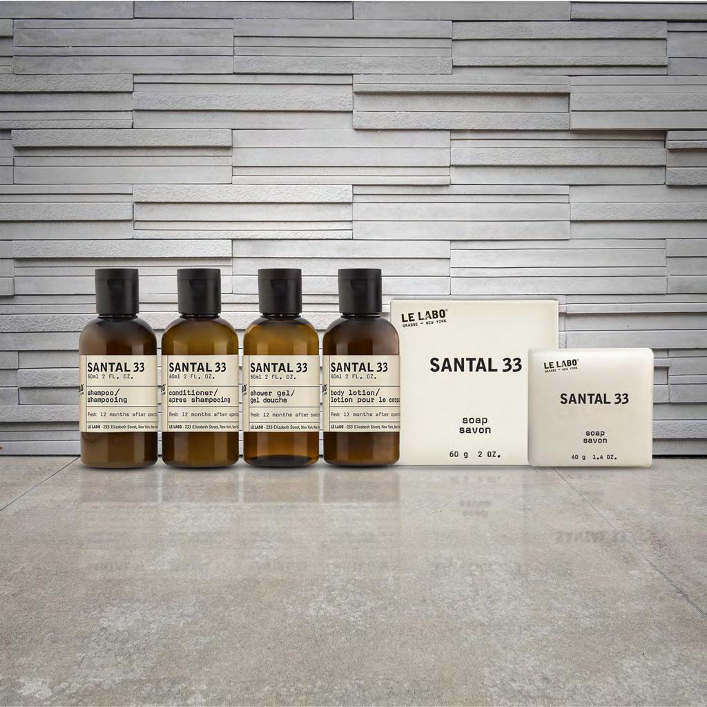 Le Labo s line of in-room amenities showcases their intoxicating SANTAL 33 combining spice, vigor and sensuality with raw talent.